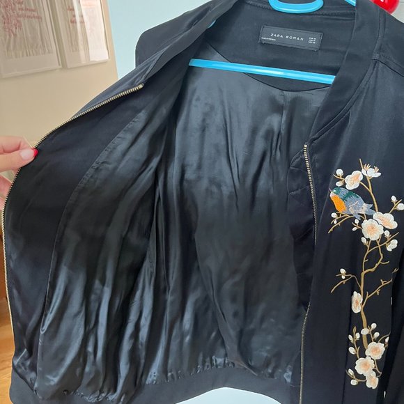 Satin Zara Embroidered Bomber Jacket with Birds - Picture 4 of 7